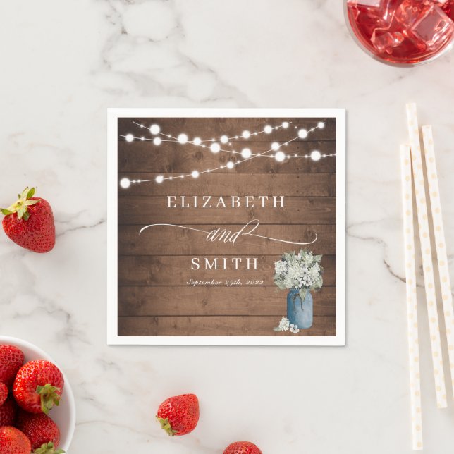 White Floral Rustic Elegant Lights Wooden Wedding Napkin (Insitu)
