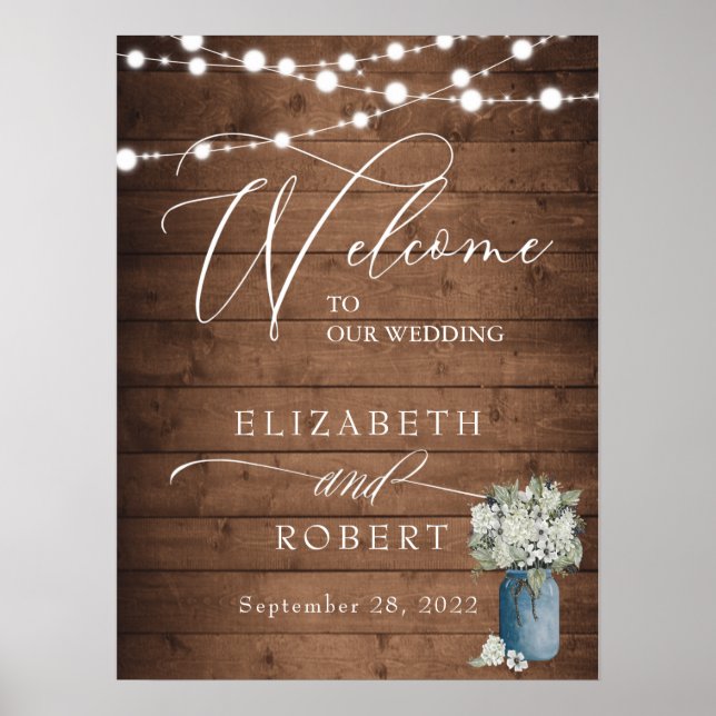 White Floral Rustic Elegant Lights Wooden Wedding Poster (Front)