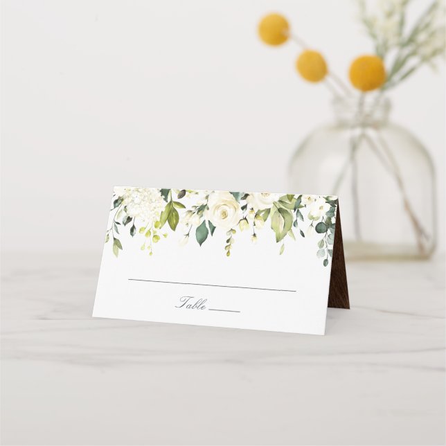 White Floral Rustic Wood Wedding Elegant Place Card (Front)