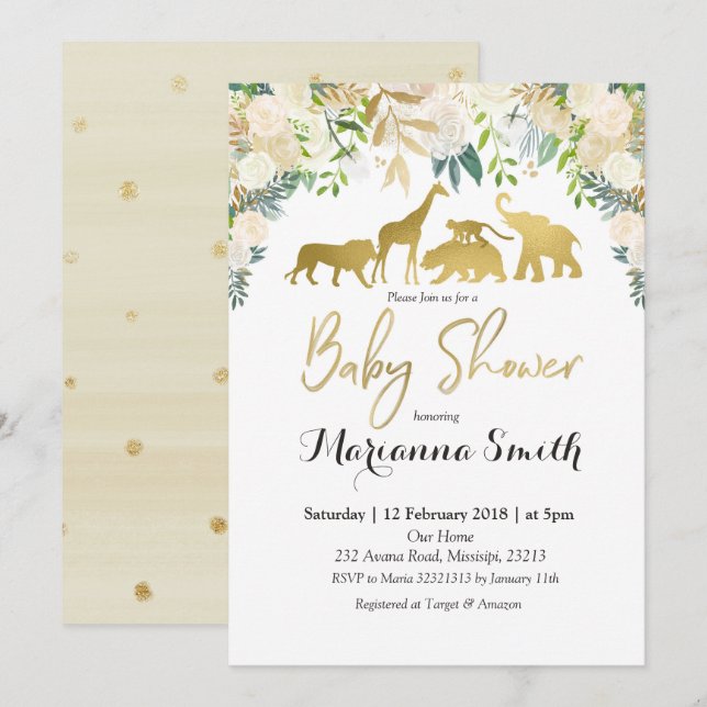 White Floral Safari Animal Baby Shower Invitation (Front/Back)