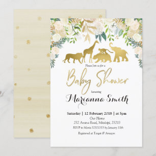 White Floral Safari Animal Baby Shower Invitation
