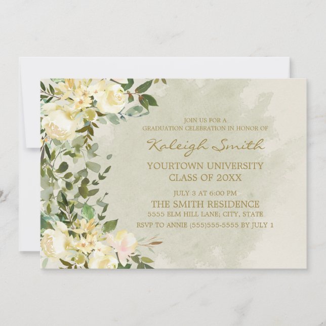 White Floral Sage Green Leaves Graduation Party Invitation (Front)