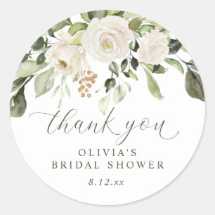 White Floral Sage Green Watercolor Bridal Shower Classic Round Sticker