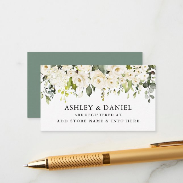 White Floral Sage Green Wedding Registry  Enclosure Card (Front/Back In Situ)