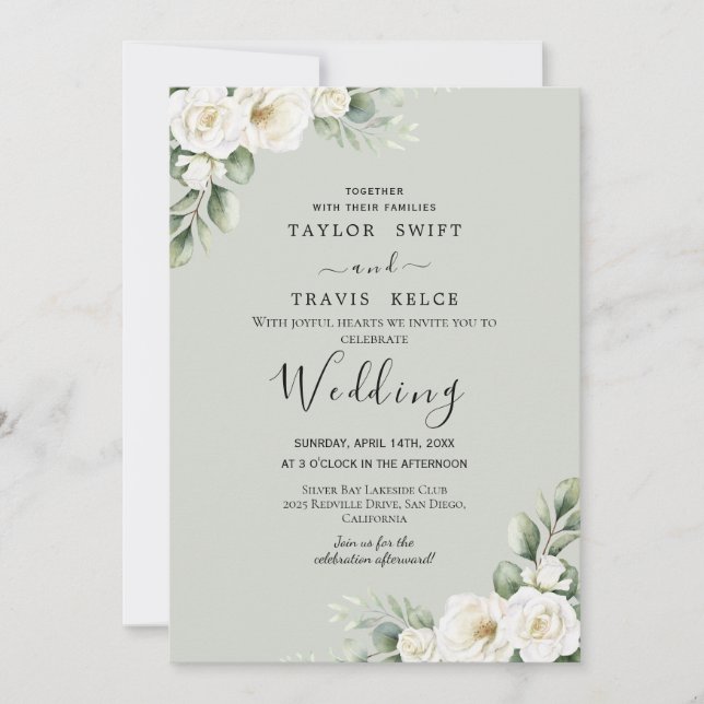 White Floral Sage Mint Wedding Invitation (Front)