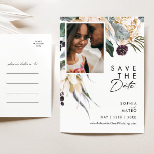 White Floral Script Photo Save The Date Postcard