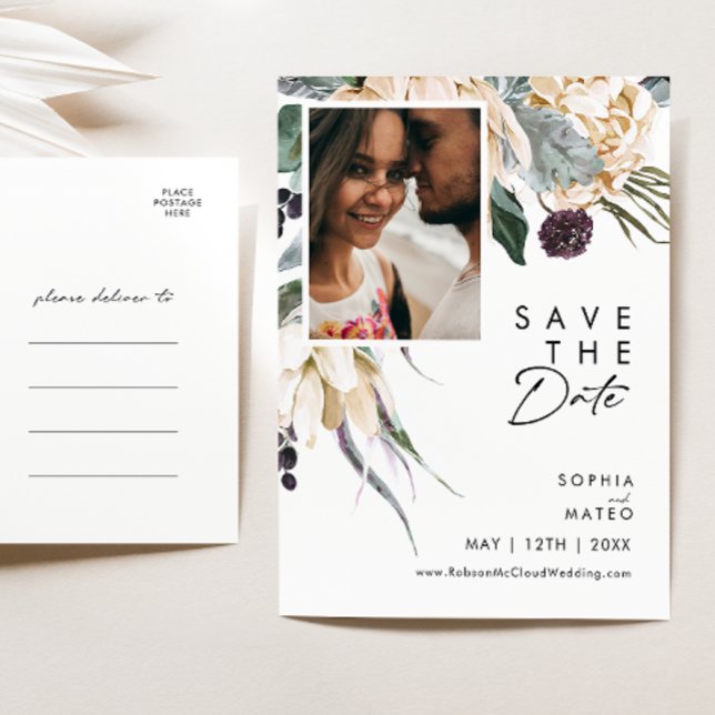 White Floral Script Photo Save The Date Postcard (Creator Uploaded)