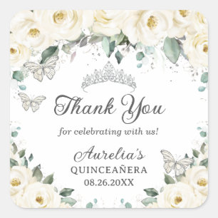 White Floral Silver Butterflies Princess Tiara Square Sticker
