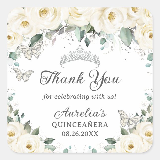 White Floral Silver Butterflies Princess Tiara Square Sticker (Front)