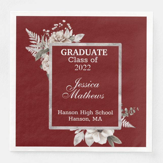 White Floral Silver Frame on Cranberry Graduation  Napkin (Front)