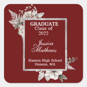 White Floral Silver Frame on Cranberry Graduation Square Sticker