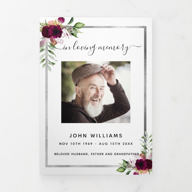 White floral silver photo tri-fold funeral program (Cover)