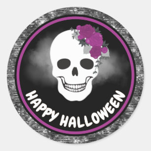 White Floral Skull & Black Glitter Halloween Classic Round Sticker