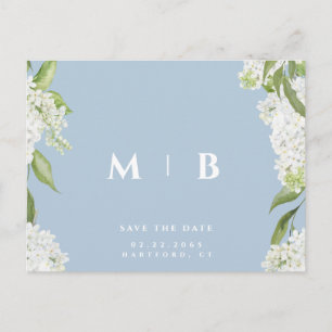White Floral Sky Blue Wedding Save the Date Postcard