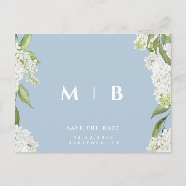 White Floral Sky Blue Wedding Save the Date  Postcard (Front)