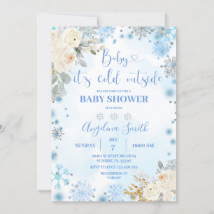  White Floral Snowflake Cold Outside Baby Shower Invitation