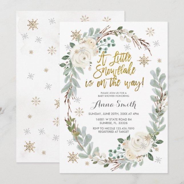 White Floral Snowflakes Winter Baby Shower  Invitation (Front/Back)