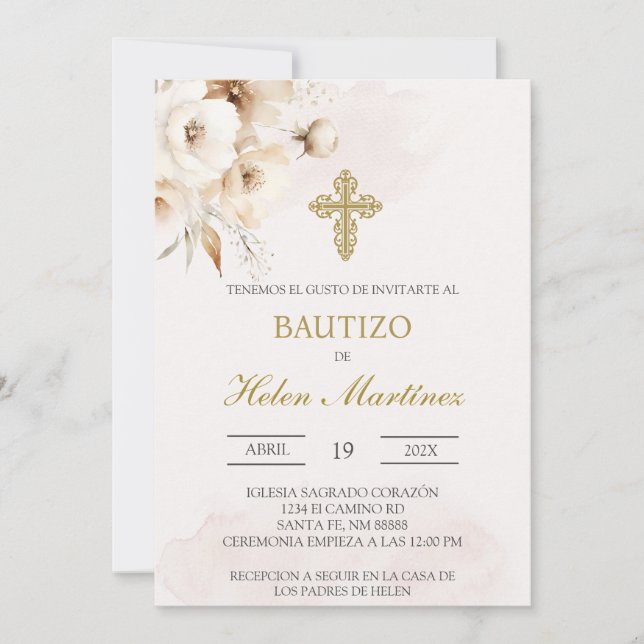 White floral Spanish baptism Invitation (Front)