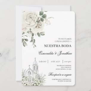 White Floral Spanish church Wedding Invitation