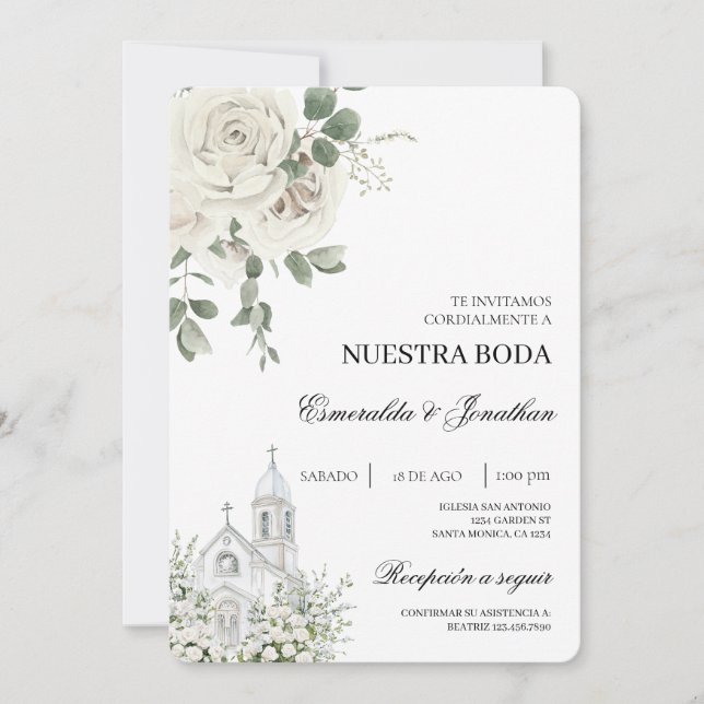 White Floral Spanish church Wedding Invitation (Front)