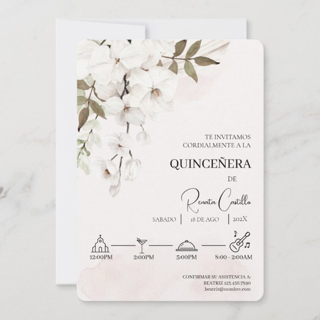 White Floral Spanish quinceañera  Invitation (Front)