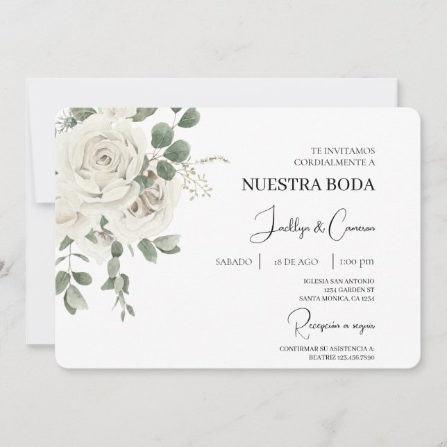 White Floral Spanish Wedding Invitation (Front)