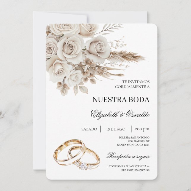 White Floral Spanish Wedding Invitation (Front)