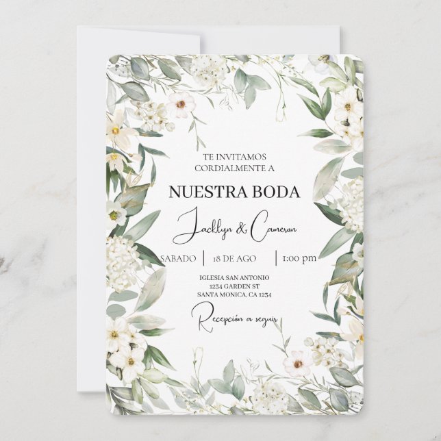 White Floral Spanish Wedding Invitation (Front)