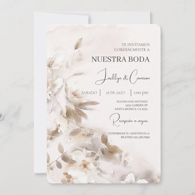 White Floral Spanish Wedding Invitation (Front)