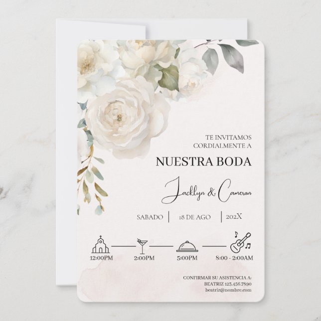 White Floral Spanish Wedding Invitation (Front)