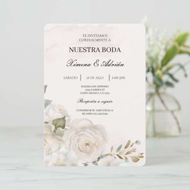 White Floral Spanish Wedding Invitation (Standing Front)