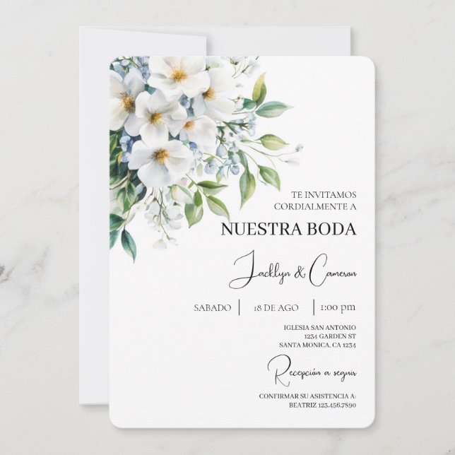 White Floral Spanish Wedding Invitation (Front)
