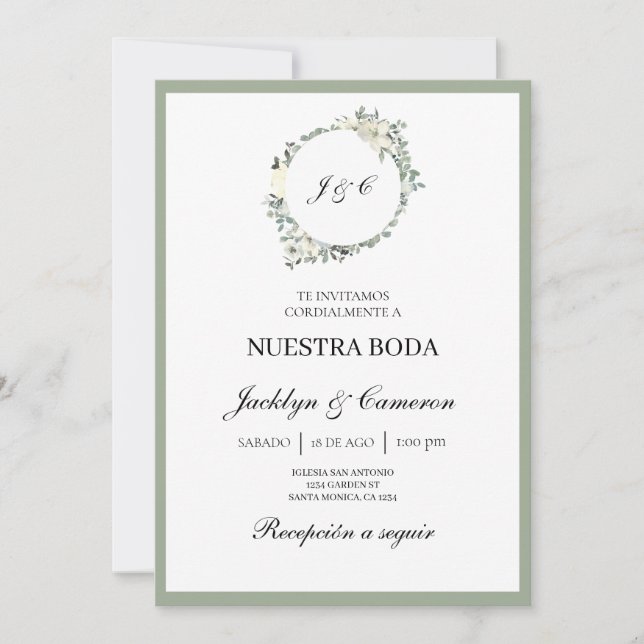 White Floral Spanish Wedding Invitation (Front)