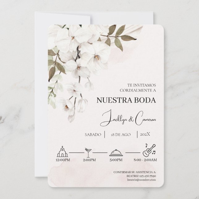 White Floral Spanish Wedding Invitation (Front)