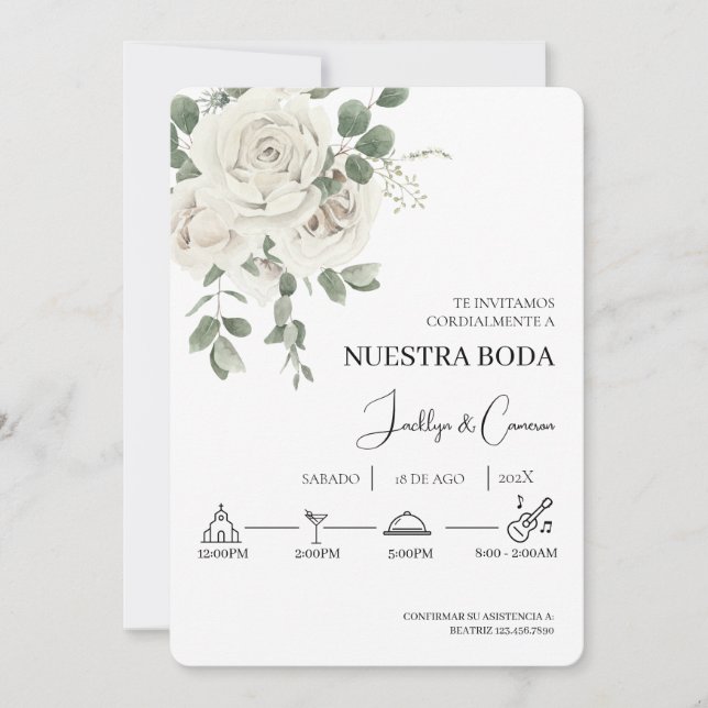 White Floral Spanish Wedding Invitation (Front)