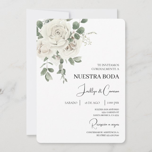 White Floral Spanish Wedding Invitation (Front)