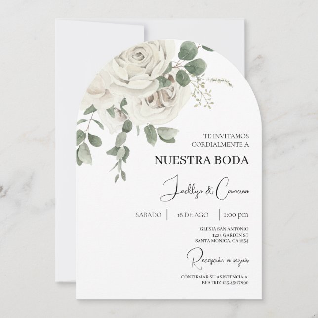 White Floral Spanish Wedding Invitation (Front)