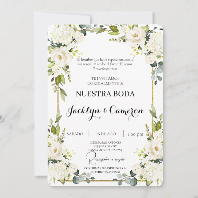 White Floral Spanish Wedding Invitation (Front)