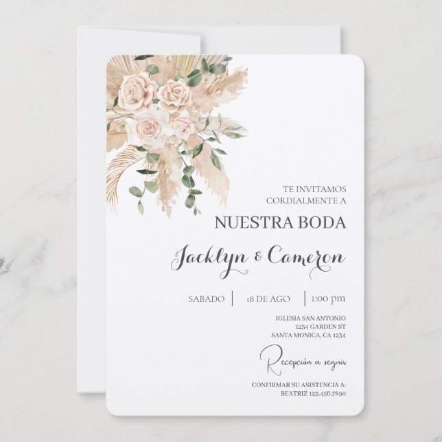 White Floral Spanish Wedding Invitation (Front)