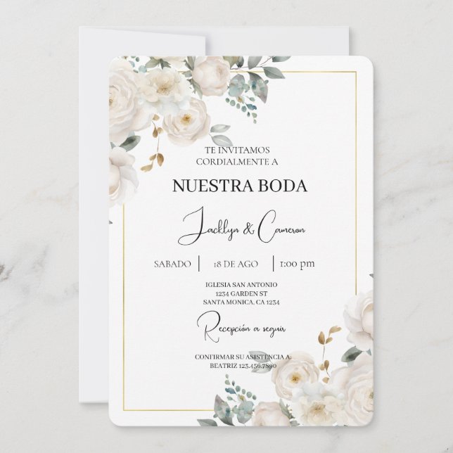White Floral Spanish Wedding Invitation (Front)