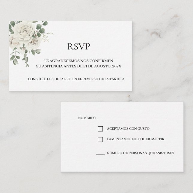 White Floral Spanish Wedding RSVP Card  (Front/Back)