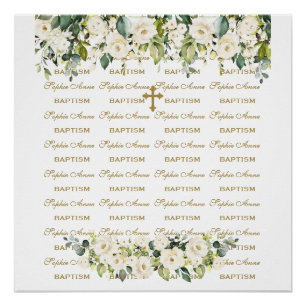 White Floral Step & Repeat Gold Baptism Backdrop Poster