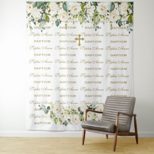 White Floral Step & Repeat Gold Baptism Backdrop Tapestry