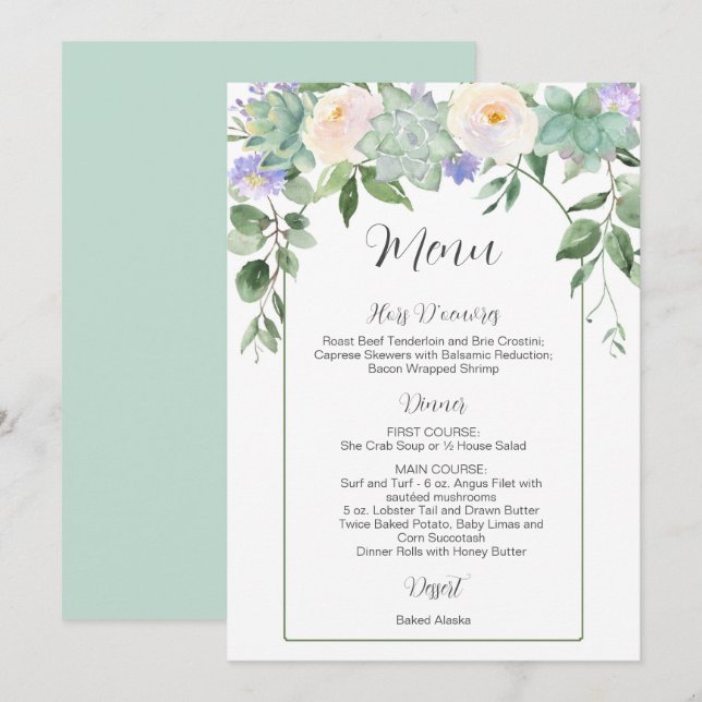 White Floral Succulents Greenery Wedding Menu (Front/Back)
