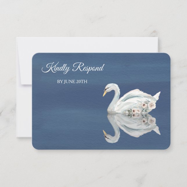 White Floral Swan on Blue Menu Wedding RSVP (Front)