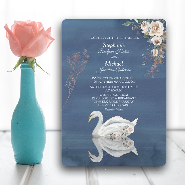 White Floral Swan on Blue Wedding Invitation (Creator Uploaded)