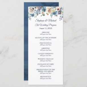 White Floral Swan on Blue Wedding Program Menu
