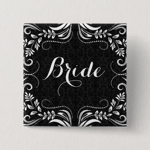 White Floral Swirls Frame Bride Button