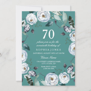 White Floral Teal Green 70th Birthday Invitation
