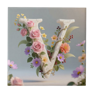 White Floral Textured Monogram Letter V Tile